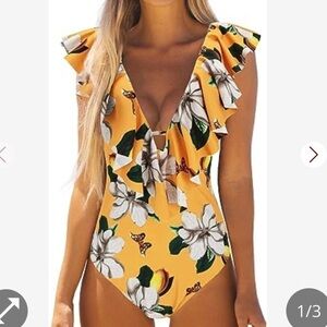 Binlowis V Neck Ruffle One Piece Swimsuit Ladies Floral Print Size Large